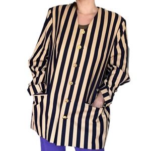 Vintage Rayon Linen Cotton Blazer Size 18 Striped Black Brown